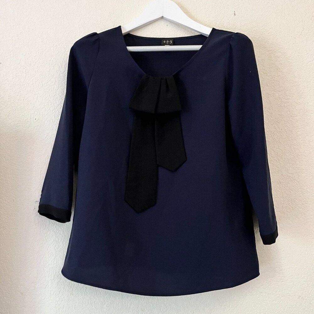 Un Deux Trois 123 Womens F  40 Navy 3/4 Sleeve Bow Neck Blouse Top Work Round